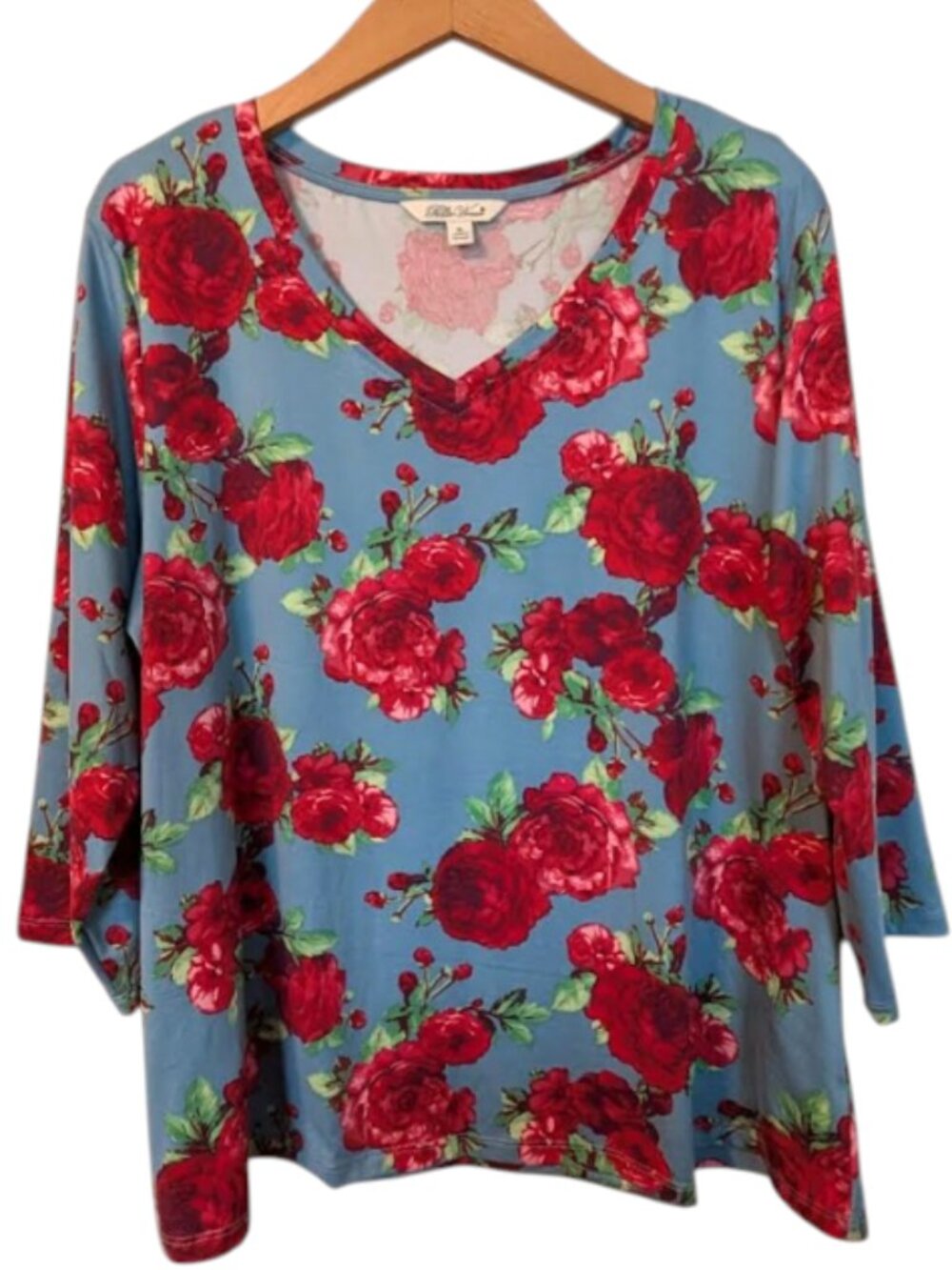 Pioneer Woman Blue Rose Floral Top XL Cottagecore Farmhouse Chic 3/4 Sleeve - Picture 2 of 7